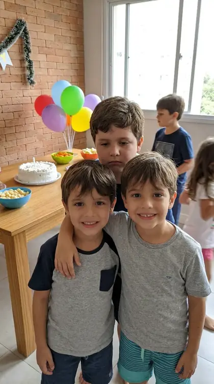 Menino se escondendo atrás dos primos na foto do aniversário