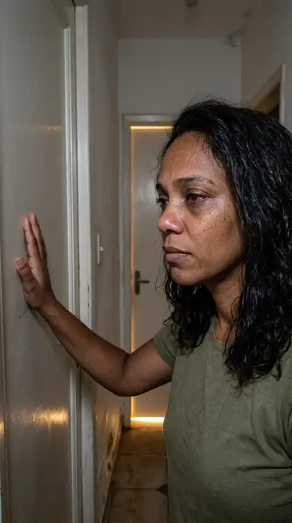 Mãe encostada do lado de fora da porta fechada do banheiro