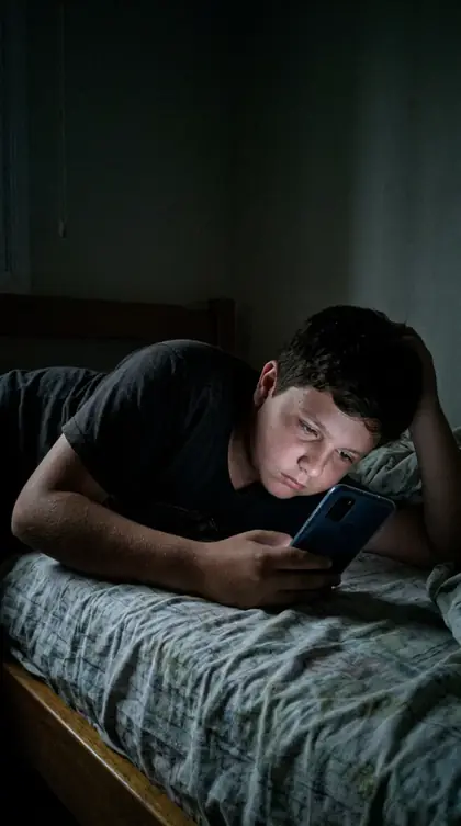 Adolescente sozinho deitado no quarto no celular