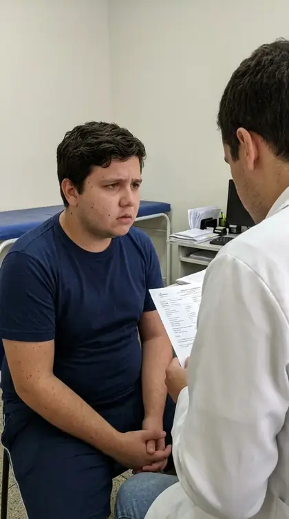 Jovem adulto sentado no consultório médico com exame na mão
