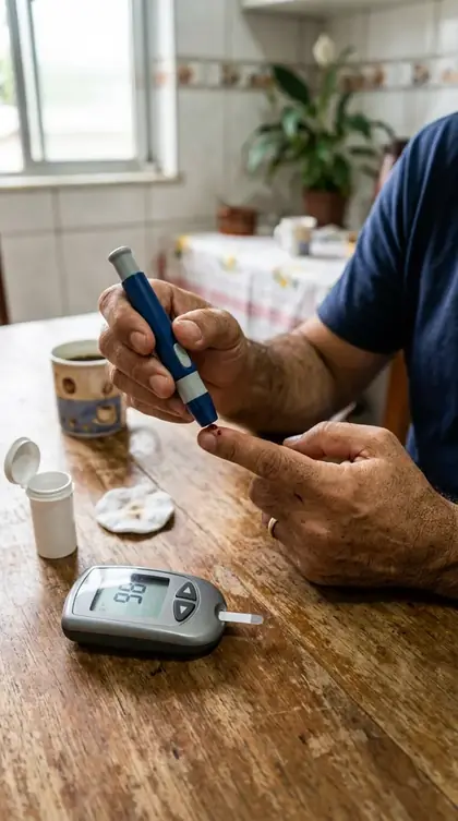 Mão de adulto furando o dedo com lancetador pra medir o açúcar