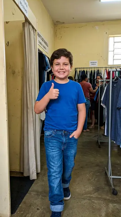 Menino saindo do provador de roupas sorrindo com a sacola