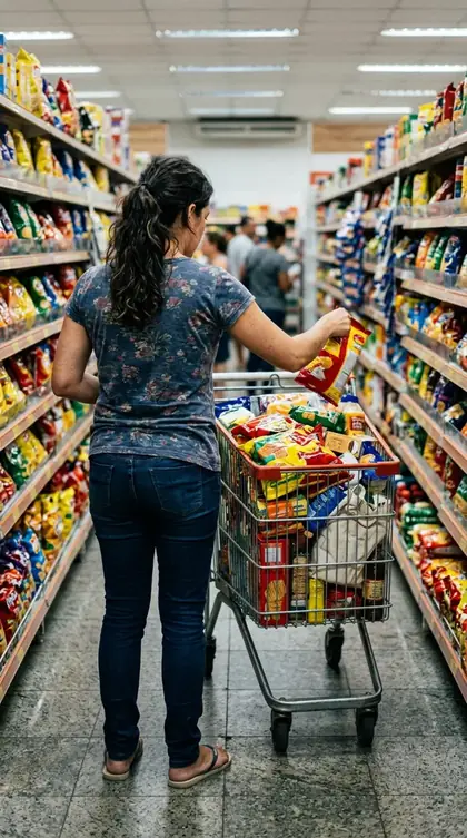 Mãe colocando pacote de salgadinho no carrinho de mercado já cheio