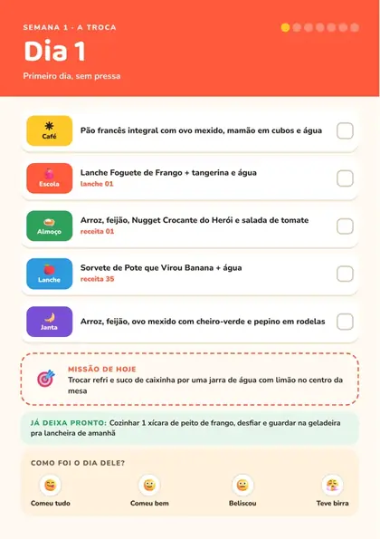 Página do livro de cardápio mostrando o cardápio de um dia