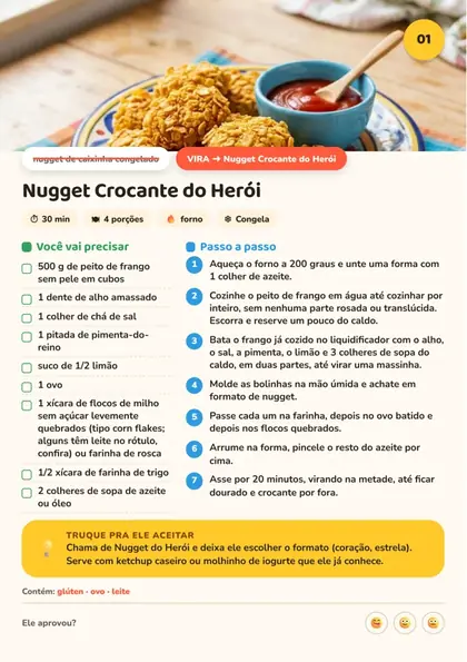 Página do livro de receitas mostrando a receita do Nugget Crocante do Herói