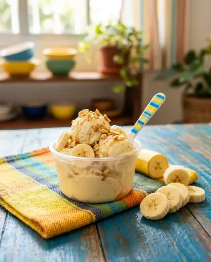 Sorvete de Pote que Virou Banana, cremoso com banana ao lado
